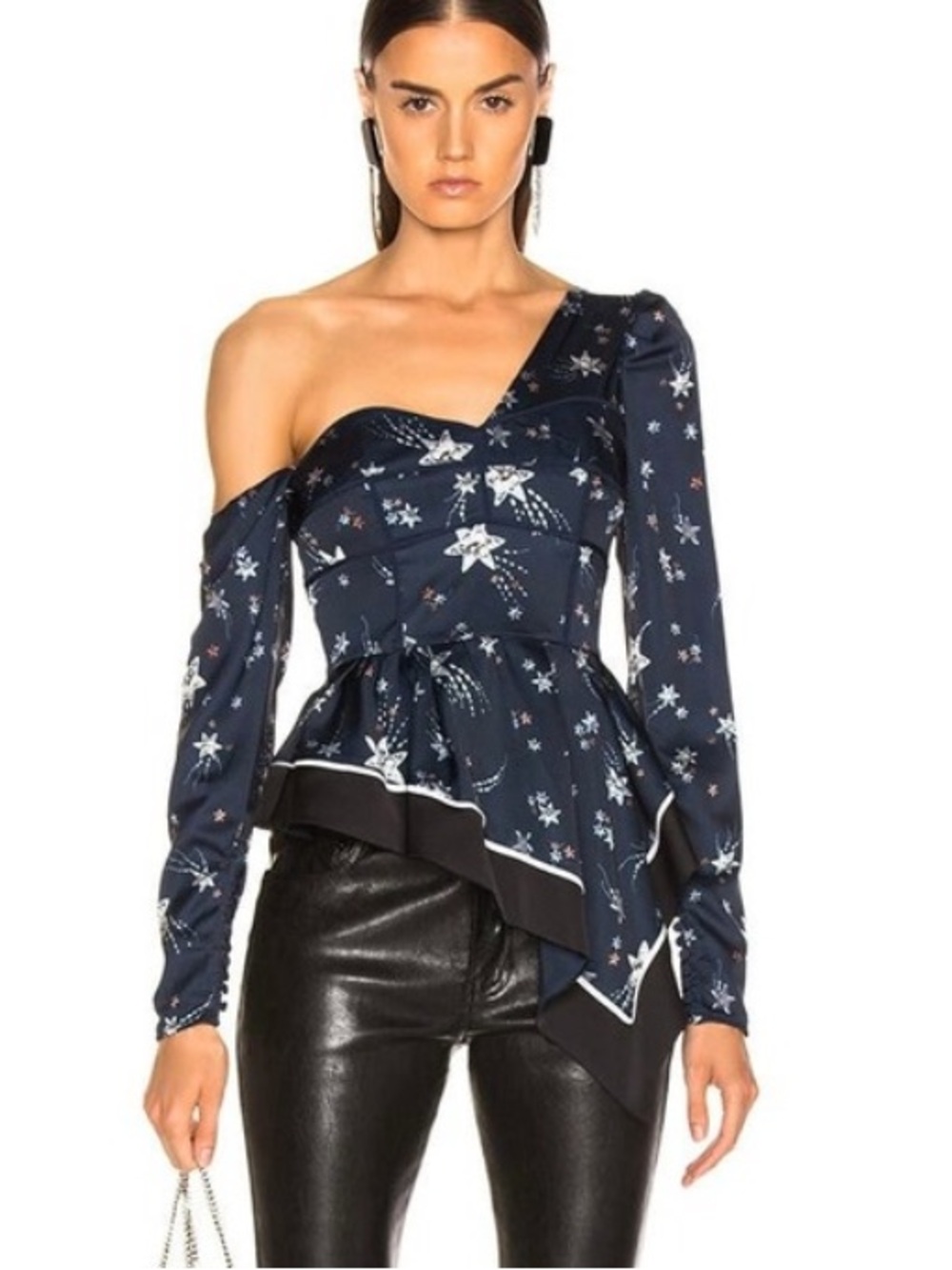Self-Portrait Navy One-Shoulder Asymmetric Star Print Peplum Blouse